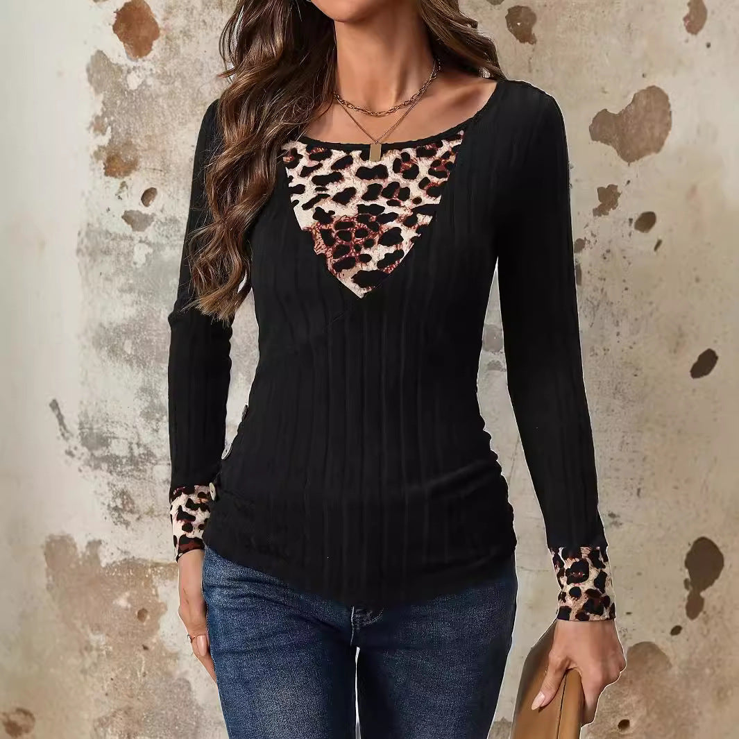 Women Autumn Knitted Pullover Round Neck Leopard Print Long Sleeve