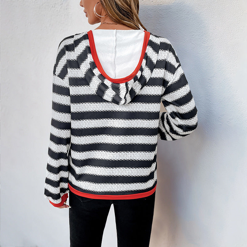 Women Autumn Pullover Sweater Black White Striped Long Sleeve Medium Thickness