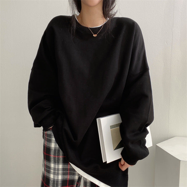 Women Autumn Fleece-Lined Hoodie Loose Fit Round Neck Long Sleeve