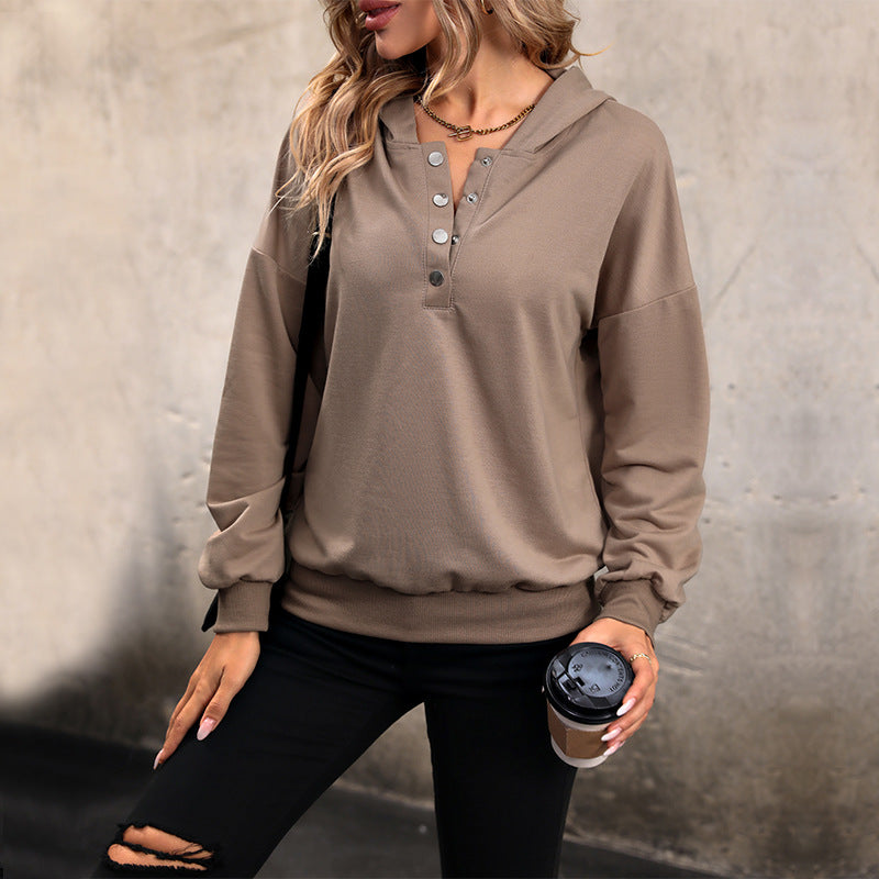 Women Autumn Hoodie Long Sleeves Ribbed Sleeves Loose Fit Solid Color