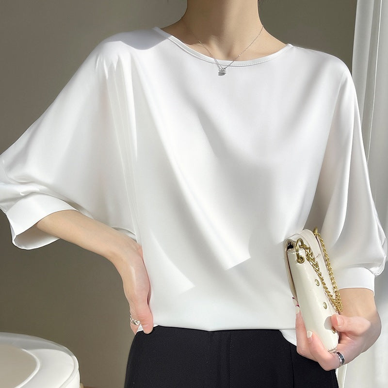 Women Summer T-Shirt Loose Fit Round Neck 3/4 Sleeve Cropped Satin Ice Silk