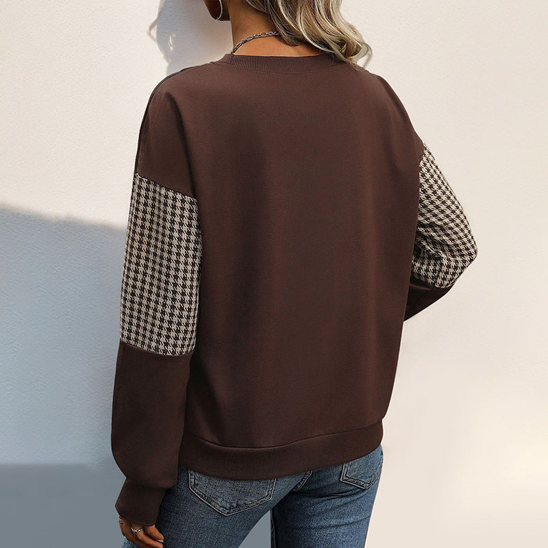 Women Pullover Sweater With Houndstooth Pattern And Long Sleeves