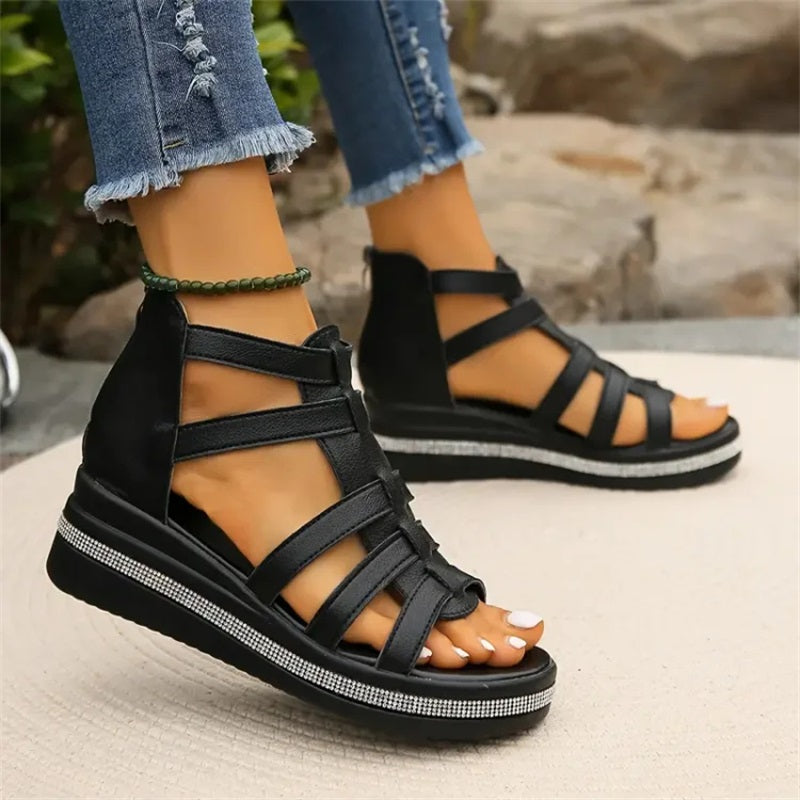 Women Summer Wedge Sandals Rhinestone Straps With Cushioned Sole And Ventilated Upper