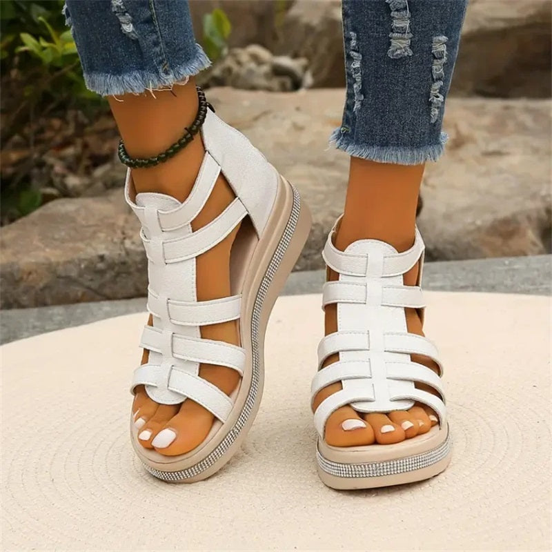 Women Summer Wedge Sandals Rhinestone Straps With Cushioned Sole And Ventilated Upper