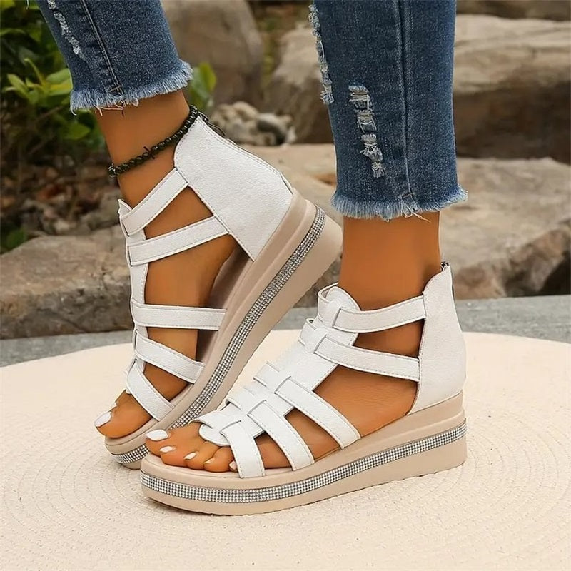 Women Summer Wedge Sandals Rhinestone Straps With Cushioned Sole And Ventilated Upper