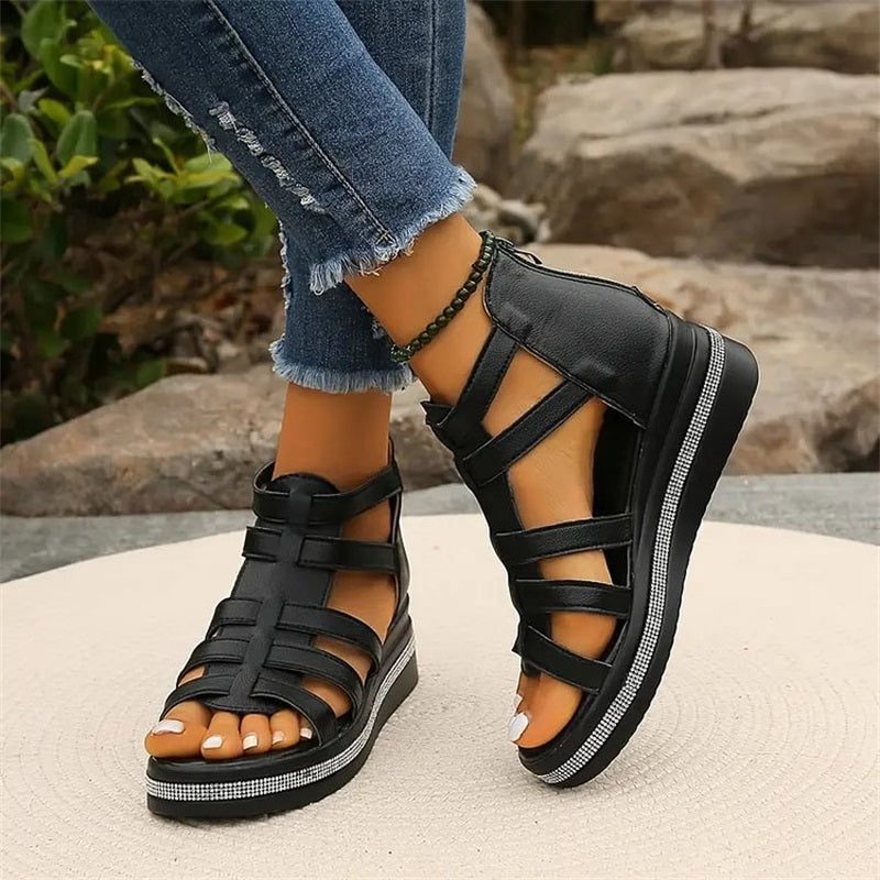 Women Summer Wedge Sandals Rhinestone Straps With Cushioned Sole And Ventilated Upper