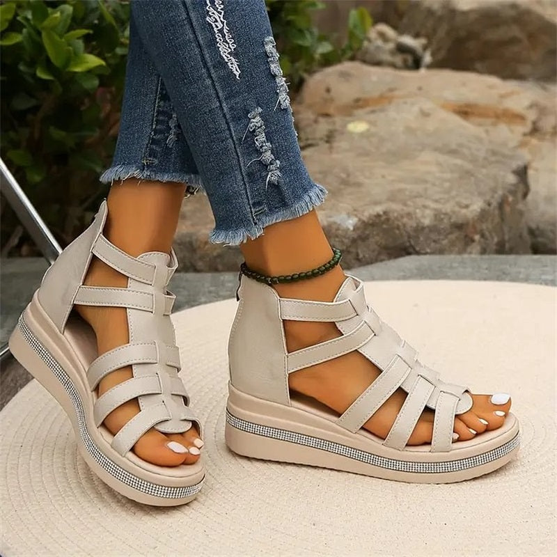 Women Summer Wedge Sandals Rhinestone Straps With Cushioned Sole And Ventilated Upper