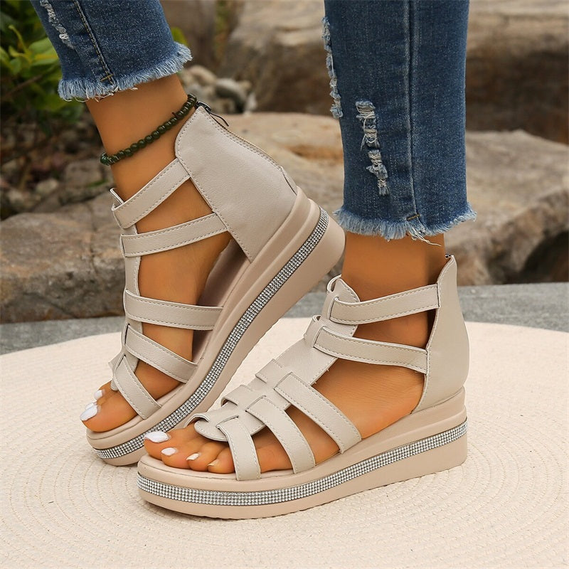 Women Summer Wedge Sandals Rhinestone Straps With Cushioned Sole And Ventilated Upper