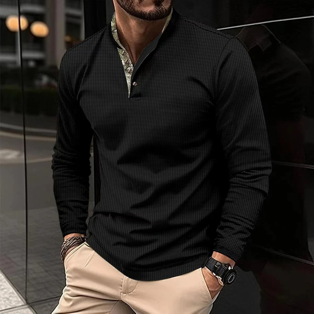 Men Long Sleeve Polo Shirt With Contrast Collar And Cuffs