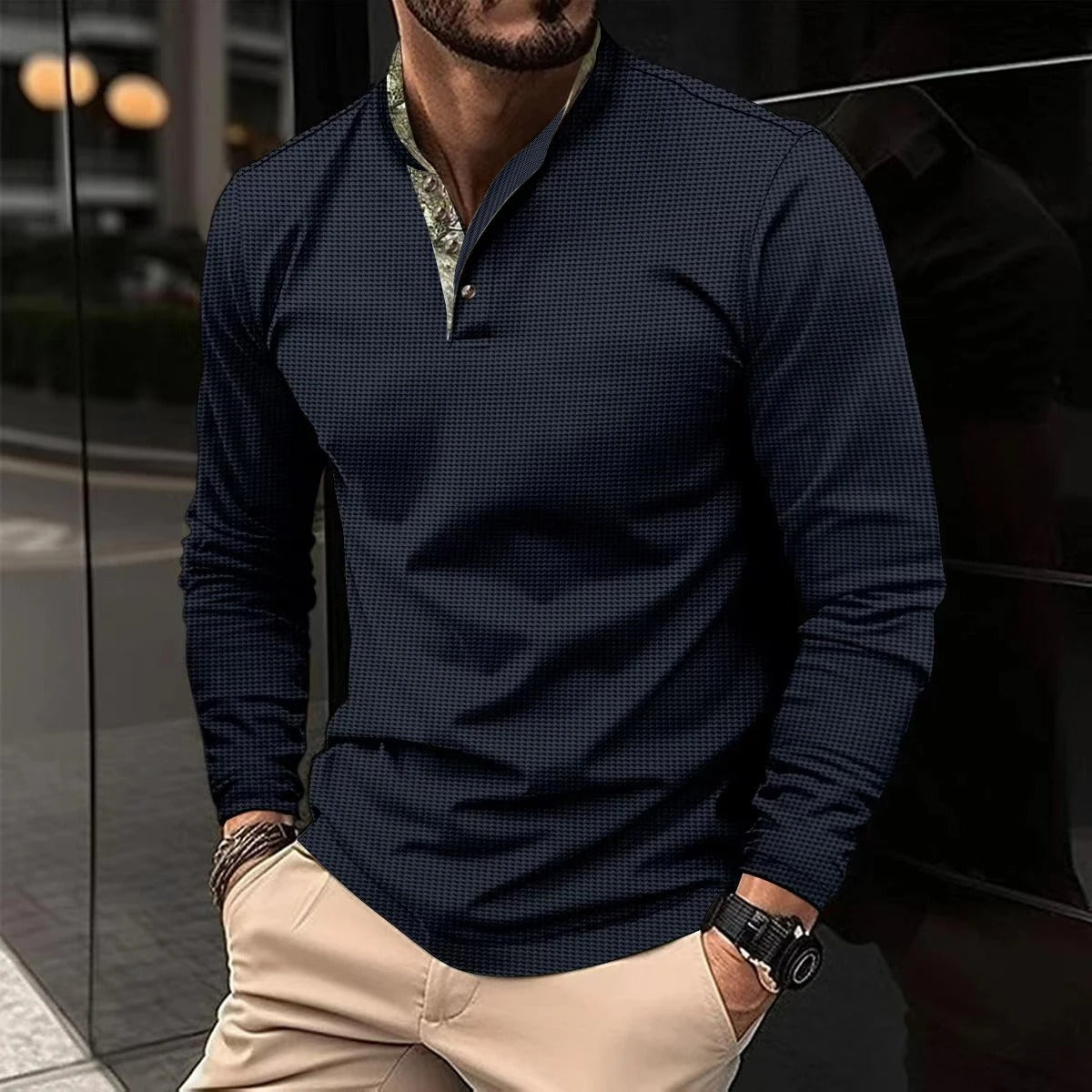 Men Long Sleeve Polo Shirt With Contrast Collar And Cuffs