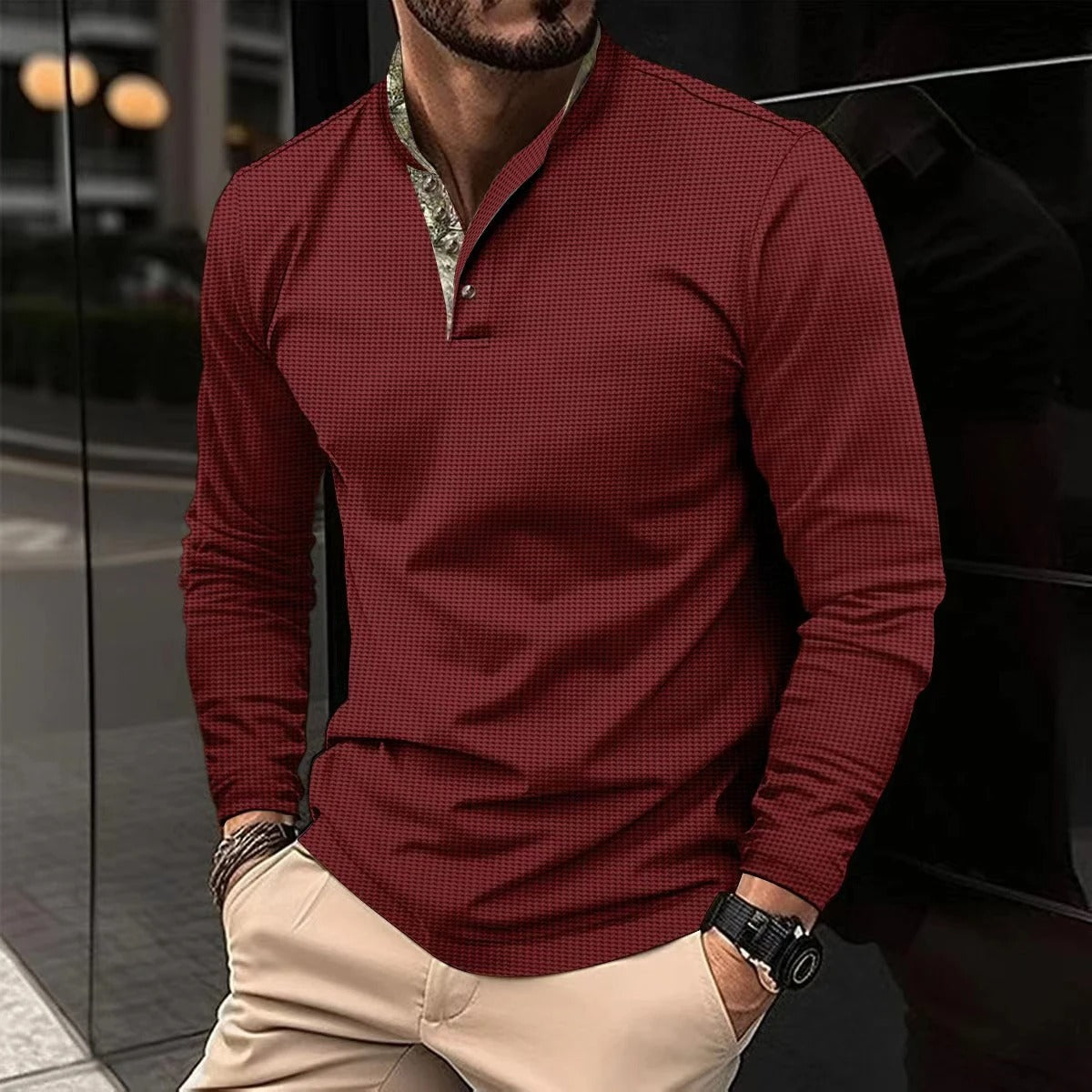 Men Long Sleeve Polo Shirt With Contrast Collar And Cuffs